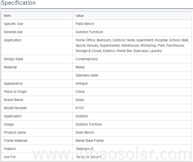 solar bench specification